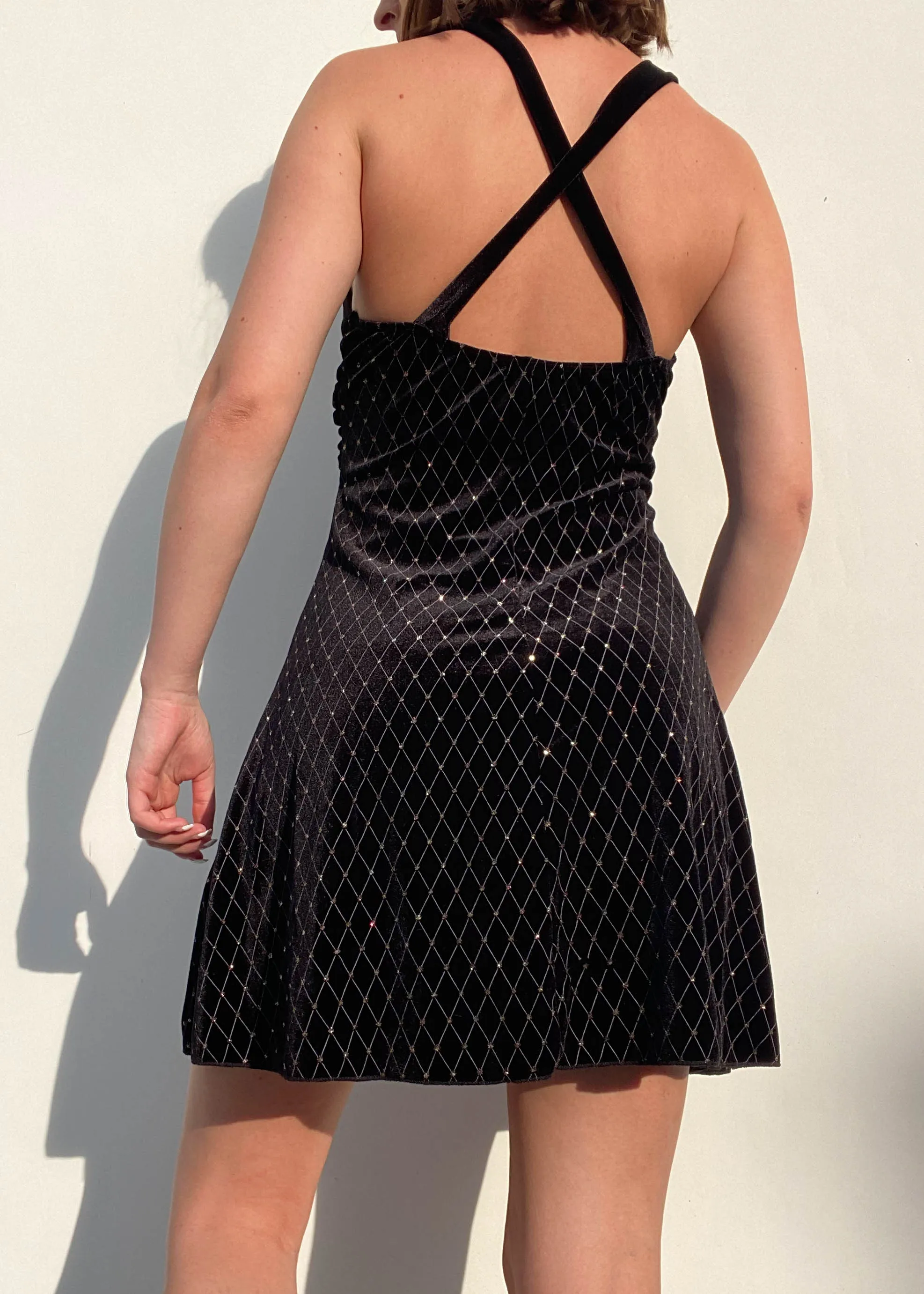 90's Black Velvet & Gold Sparkle Dress (S)