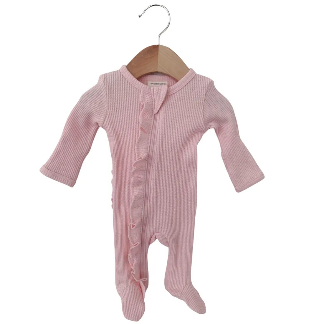 Blush Organic Waffle Ruffle Zip Footie