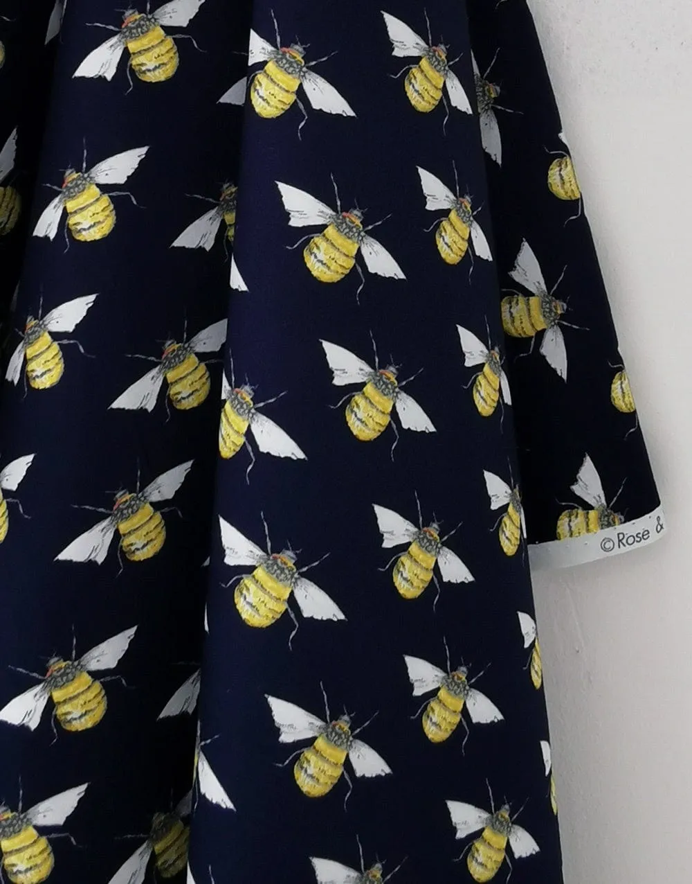 Bumble Bee on Navy Printed Cotton Poplin Fabric