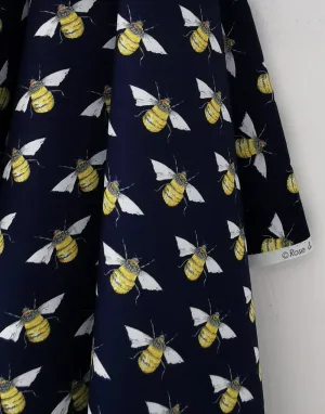 Bumble Bee on Navy Printed Cotton Poplin Fabric