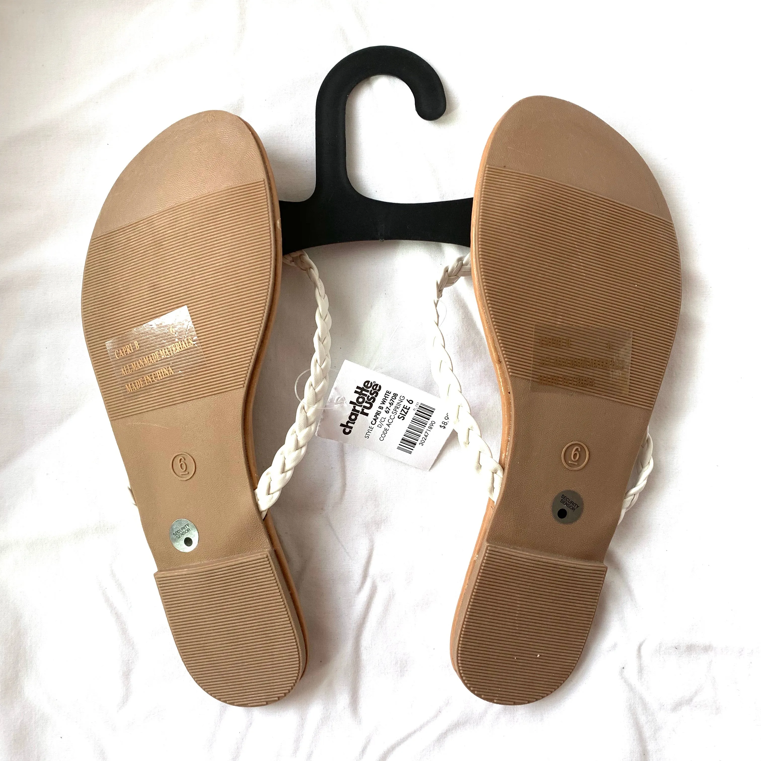 Charlotte Russe Tan Flip Flops with White Braided Straps NWT- Size 6