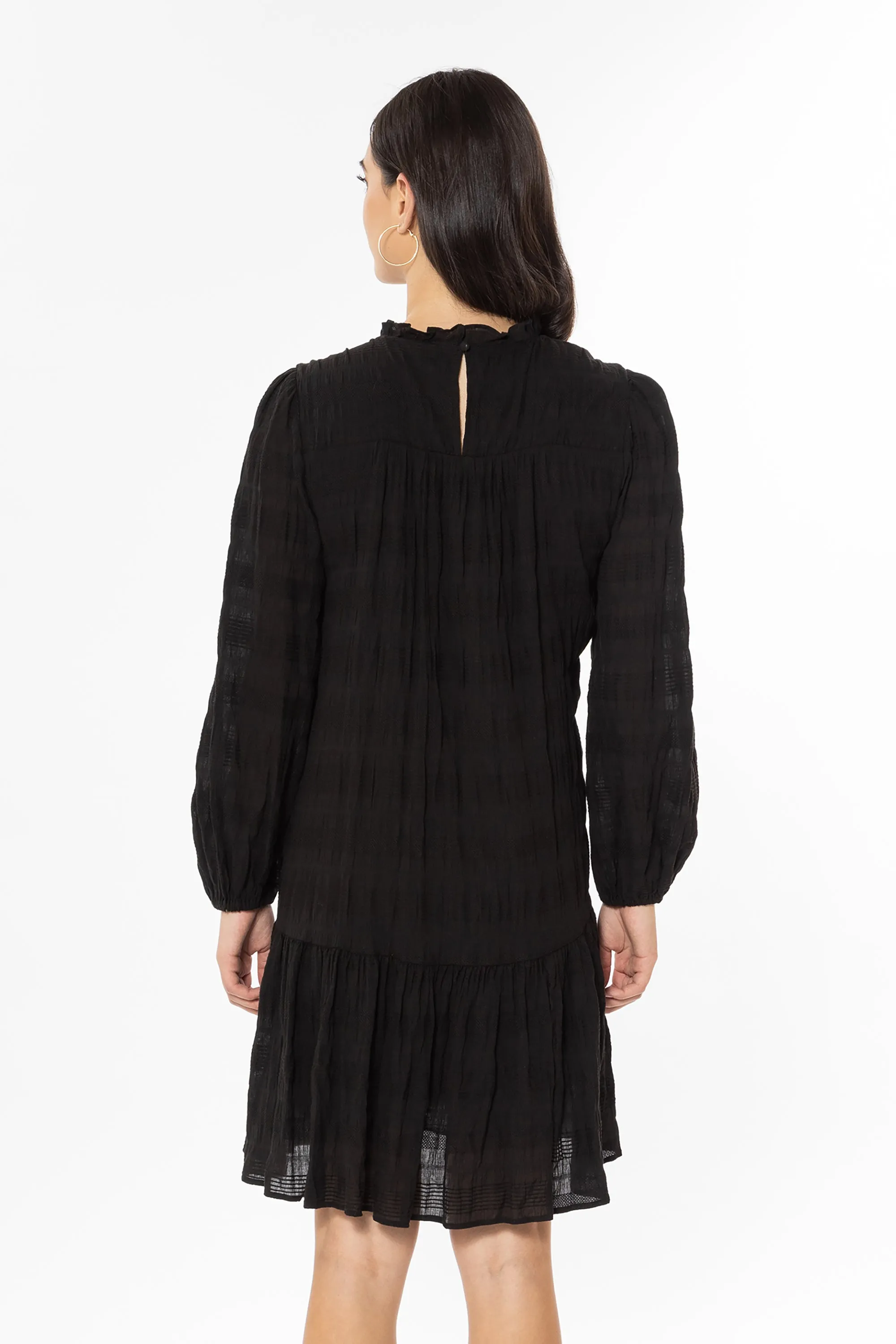 Desire Black Shirred Cotton LS Frill Hem Dress