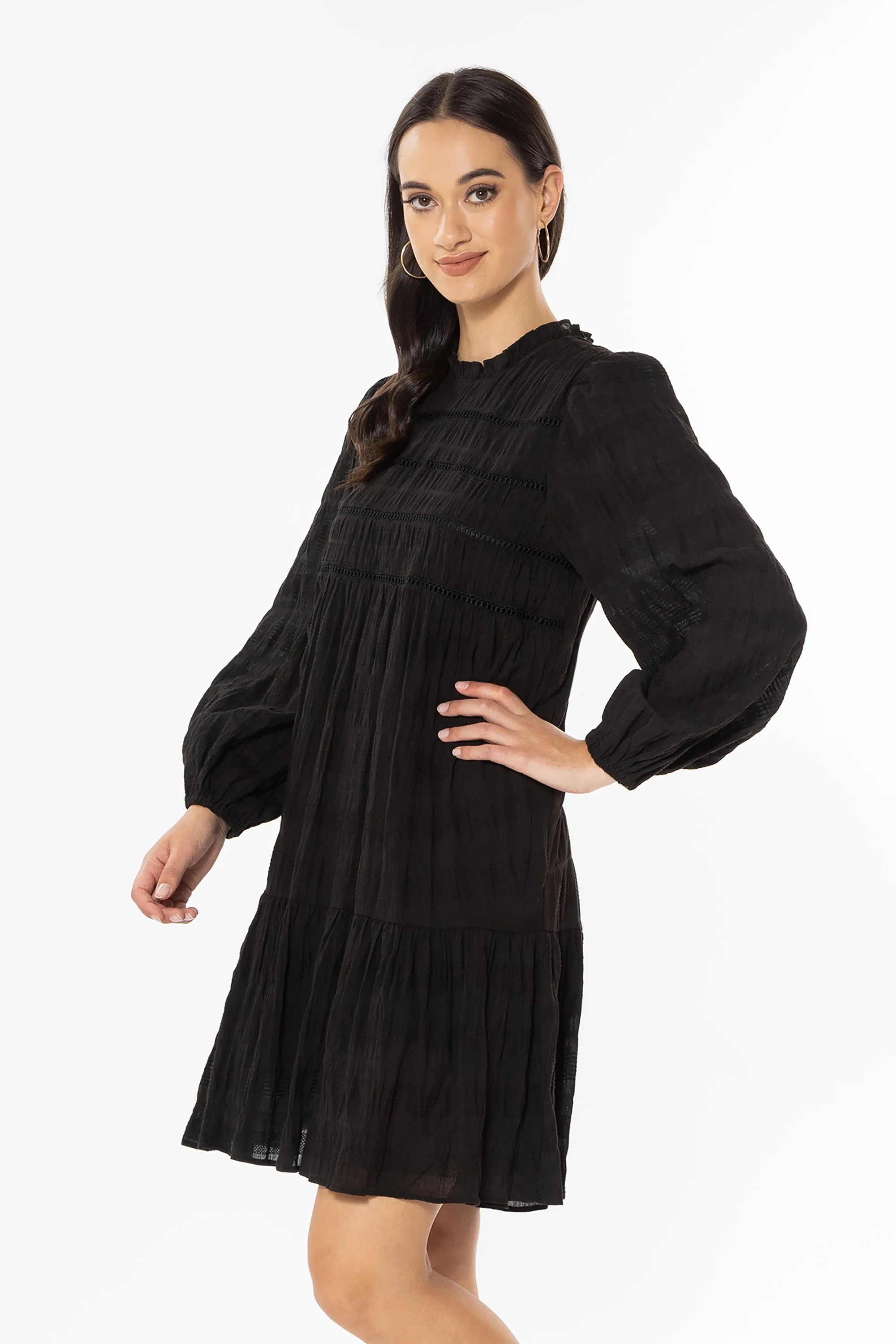 Desire Black Shirred Cotton LS Frill Hem Dress