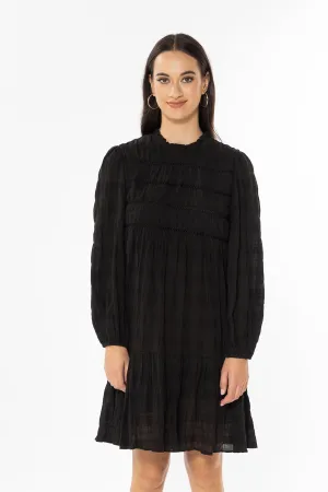 Desire Black Shirred Cotton LS Frill Hem Dress