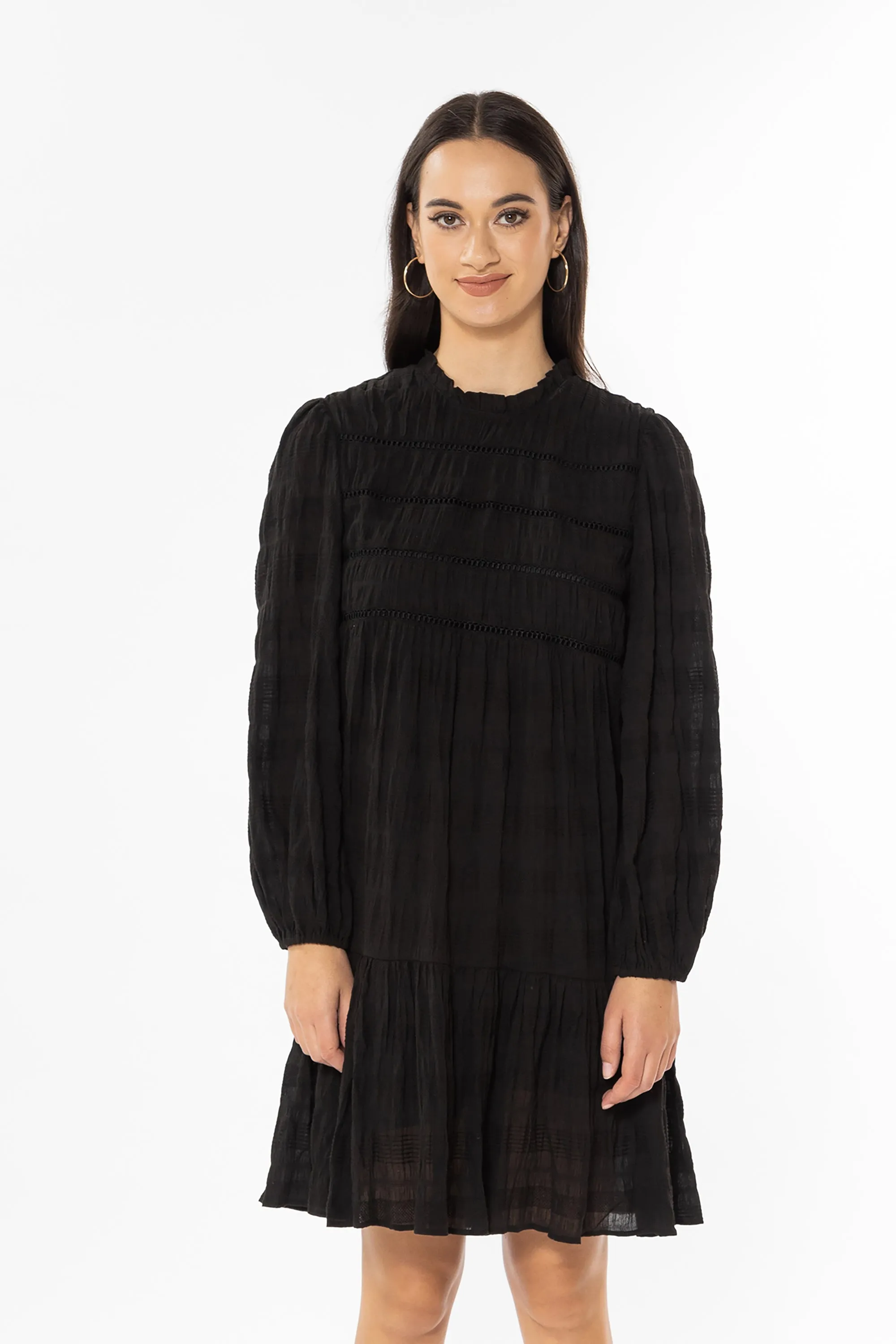 Desire Black Shirred Cotton LS Frill Hem Dress