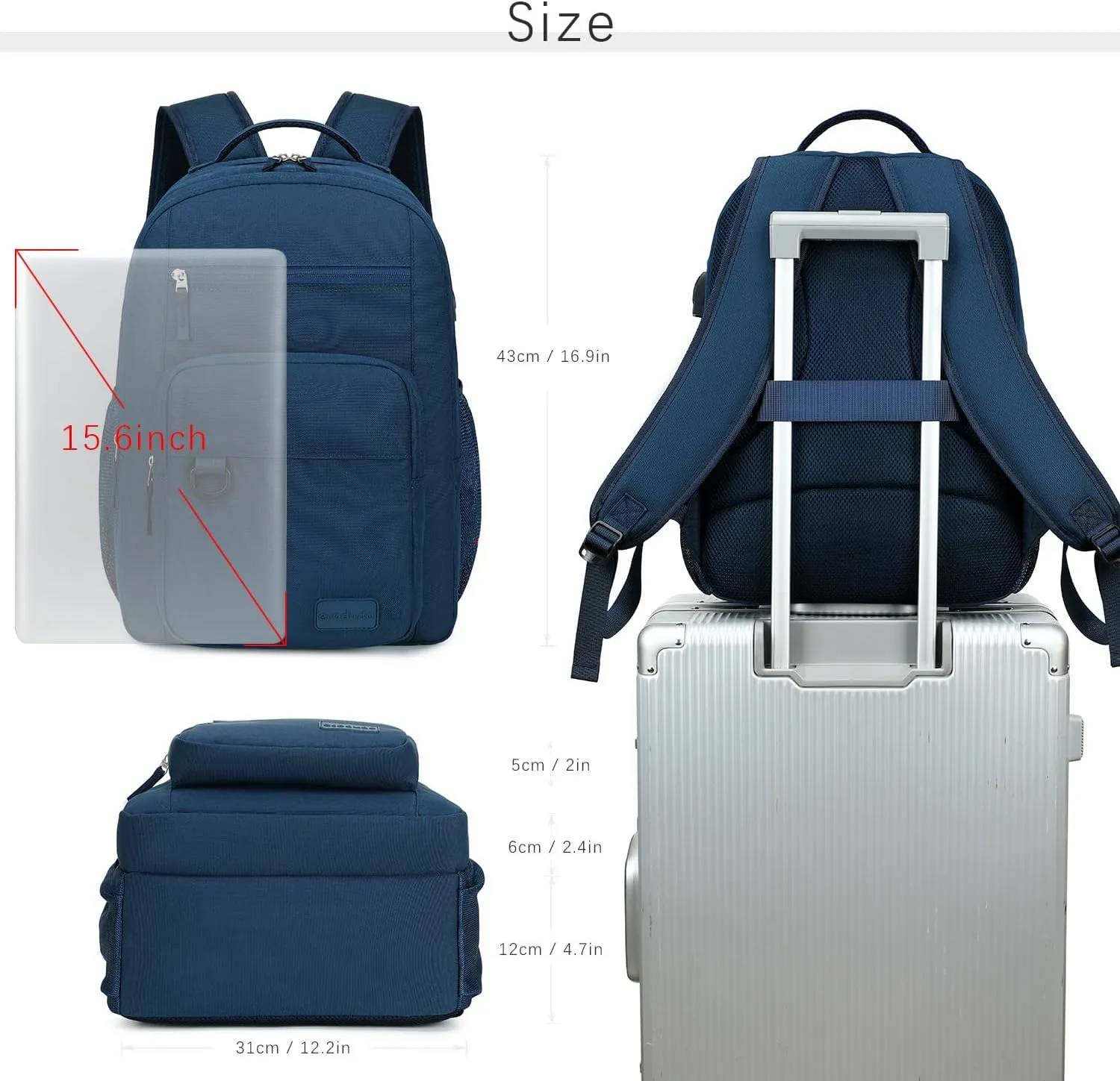 ecodudo School Backpack for Men and Women Water Resistant Daypack for College Work15.6 inch Laptop Bookbag with USB Charging Port (Navy)