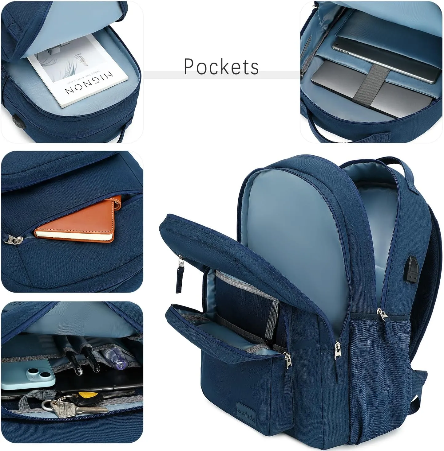 ecodudo School Backpack for Men and Women Water Resistant Daypack for College Work15.6 inch Laptop Bookbag with USB Charging Port (Navy)