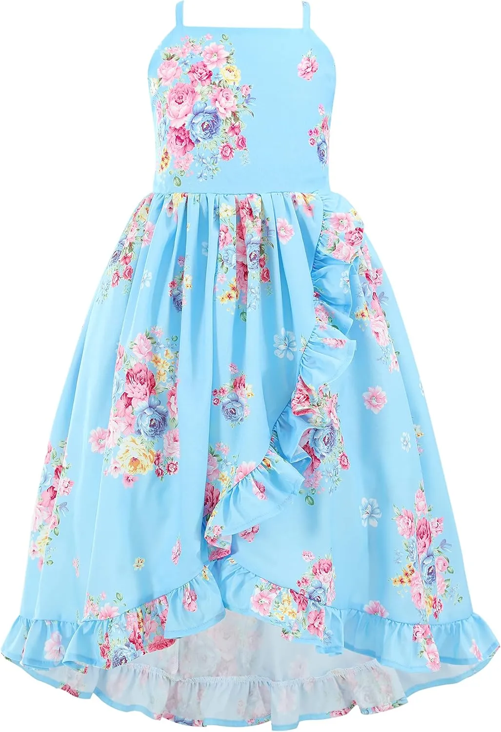 Flofallzique Floral Girls Maxi Dress Summer Spaghetti Strap Kids Vintage Boho Hi-Low Sundress