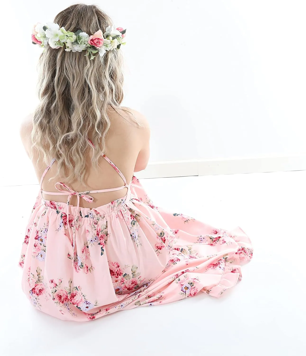 Flofallzique Floral Girls Maxi Dress Summer Spaghetti Strap Kids Vintage Boho Hi-Low Sundress