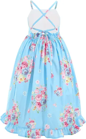Flofallzique Floral Girls Maxi Dress Summer Spaghetti Strap Kids Vintage Boho Hi-Low Sundress