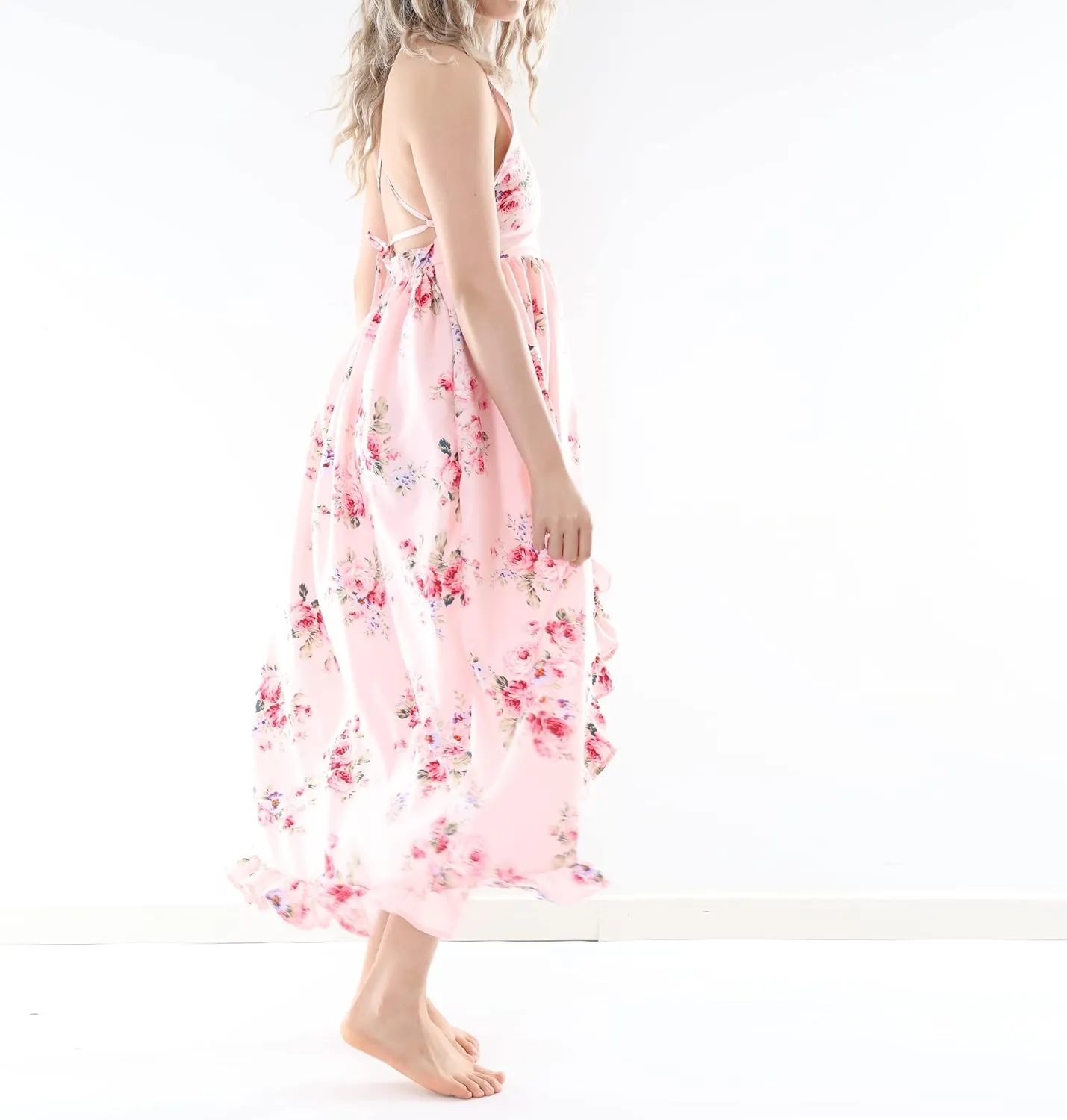 Flofallzique Floral Girls Maxi Dress Summer Spaghetti Strap Kids Vintage Boho Hi-Low Sundress