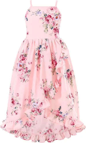 Flofallzique Floral Girls Maxi Dress Summer Spaghetti Strap Kids Vintage Boho Hi-Low Sundress
