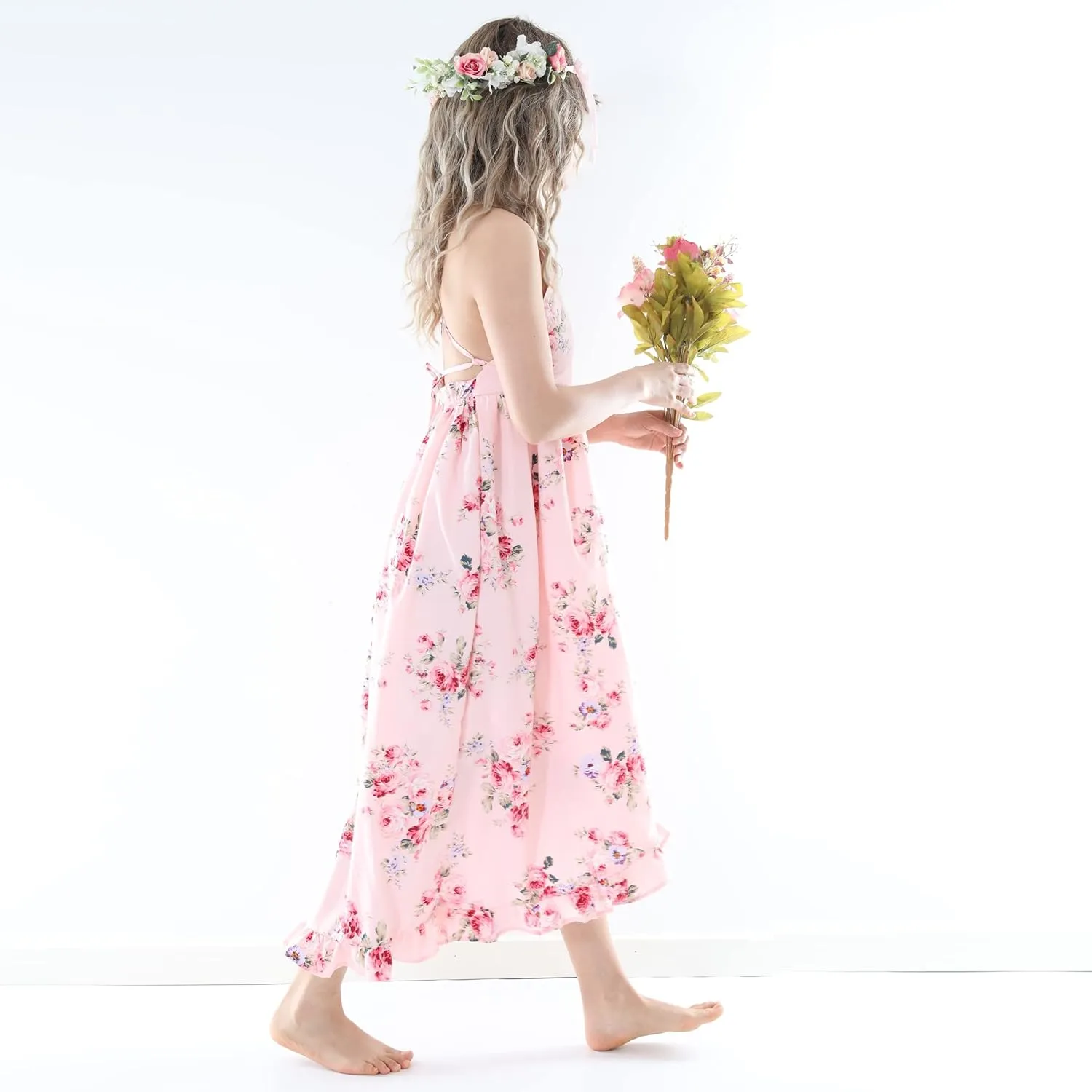Flofallzique Floral Girls Maxi Dress Summer Spaghetti Strap Kids Vintage Boho Hi-Low Sundress