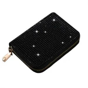 Glitter Rhinestone Wallet Shiny Purse Money Coin Mini Evening Clutch Bag Zipper Card Holder (Color : Black)