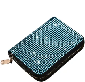 Glitter Rhinestone Wallet Shiny Purse Money Coin Mini Evening Clutch Bag Zipper Card Holder (Color : Blue)