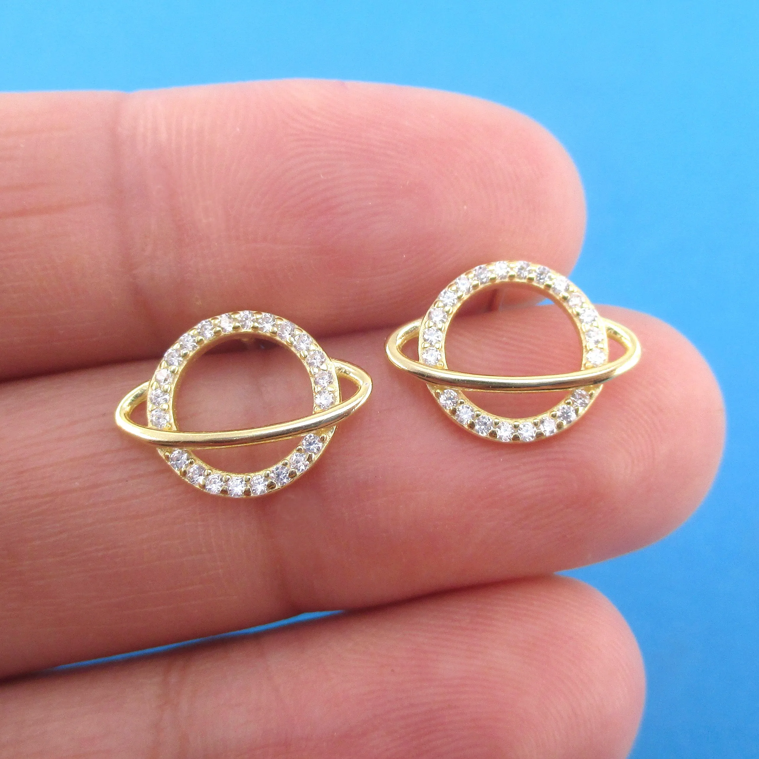 Gold Round Planet Saturn Outline Shape Rhinestone Stud Earrings in Gold