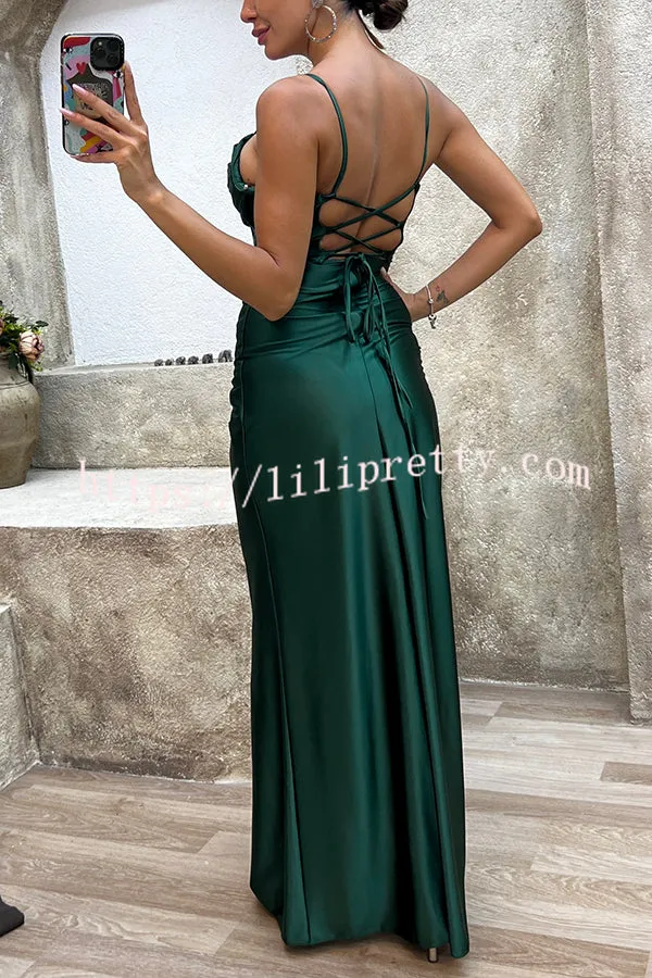 Love Lasts Forever Satin Corset Back Lace-up Slit Maxi Dress