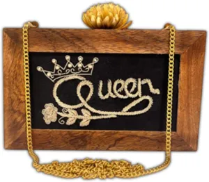 Maresse Womens Bridal Ethnic Purse | Handmade Wooden Clutch with Rose Embroidery | Elegant Wedding Accessory (Queen)