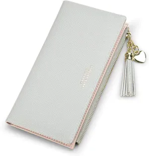 SUMGOGO Slim Wallet for Women Long Tassel Zipper Clutch Purse Handbag Card Case Wallet (Gray)