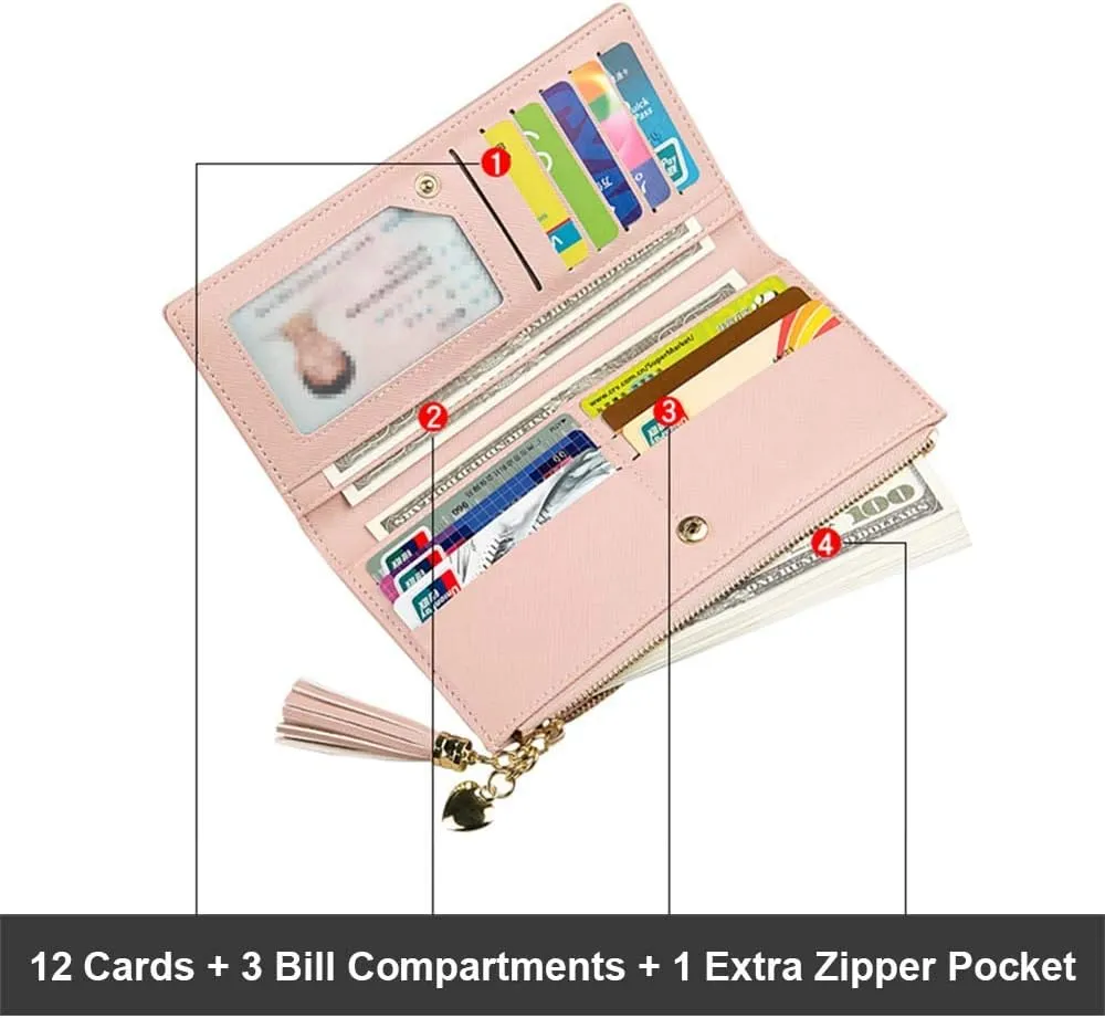 SUMGOGO Slim Wallet for Women Long Tassel Zipper Clutch Purse Handbag Card Case Wallet (Gray)
