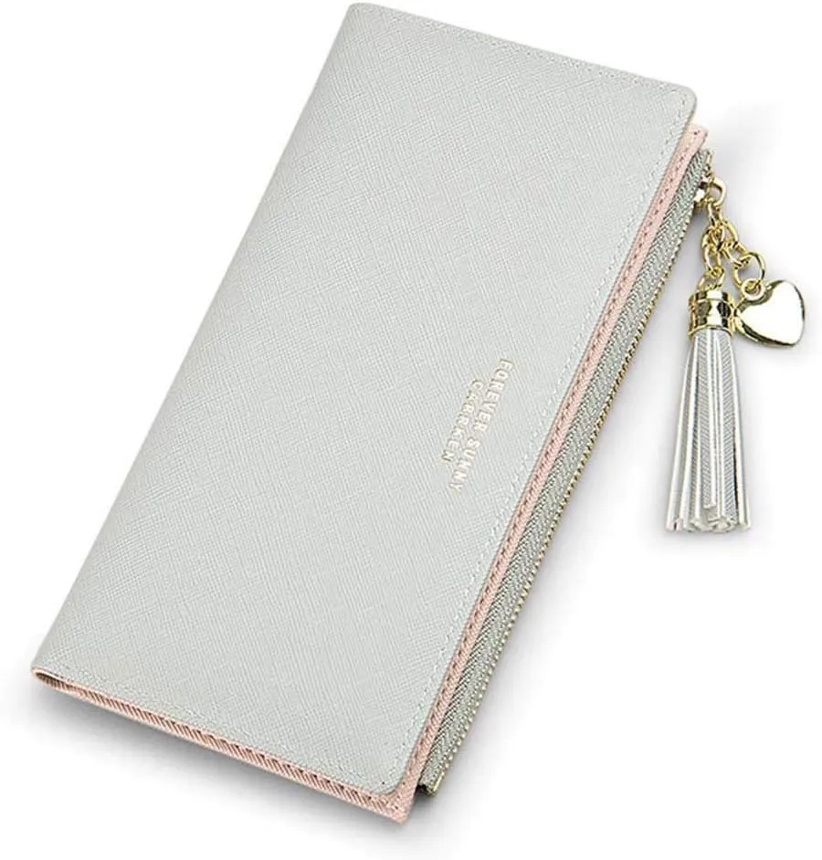 SUMGOGO Slim Wallet for Women Long Tassel Zipper Clutch Purse Handbag Card Case Wallet (Gray)