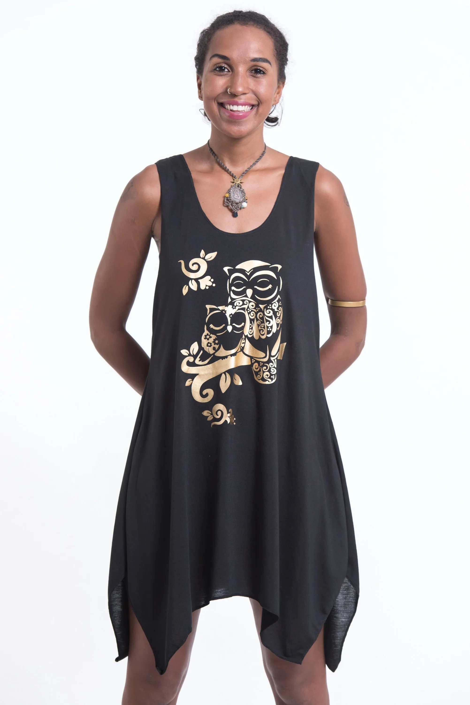 Super Soft Cotton Owls Tank Dress Gold on Black