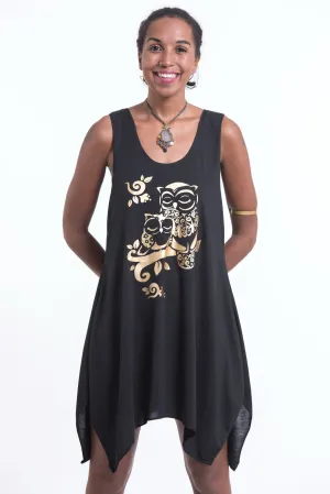 Super Soft Cotton Owls Tank Dress Gold on Black