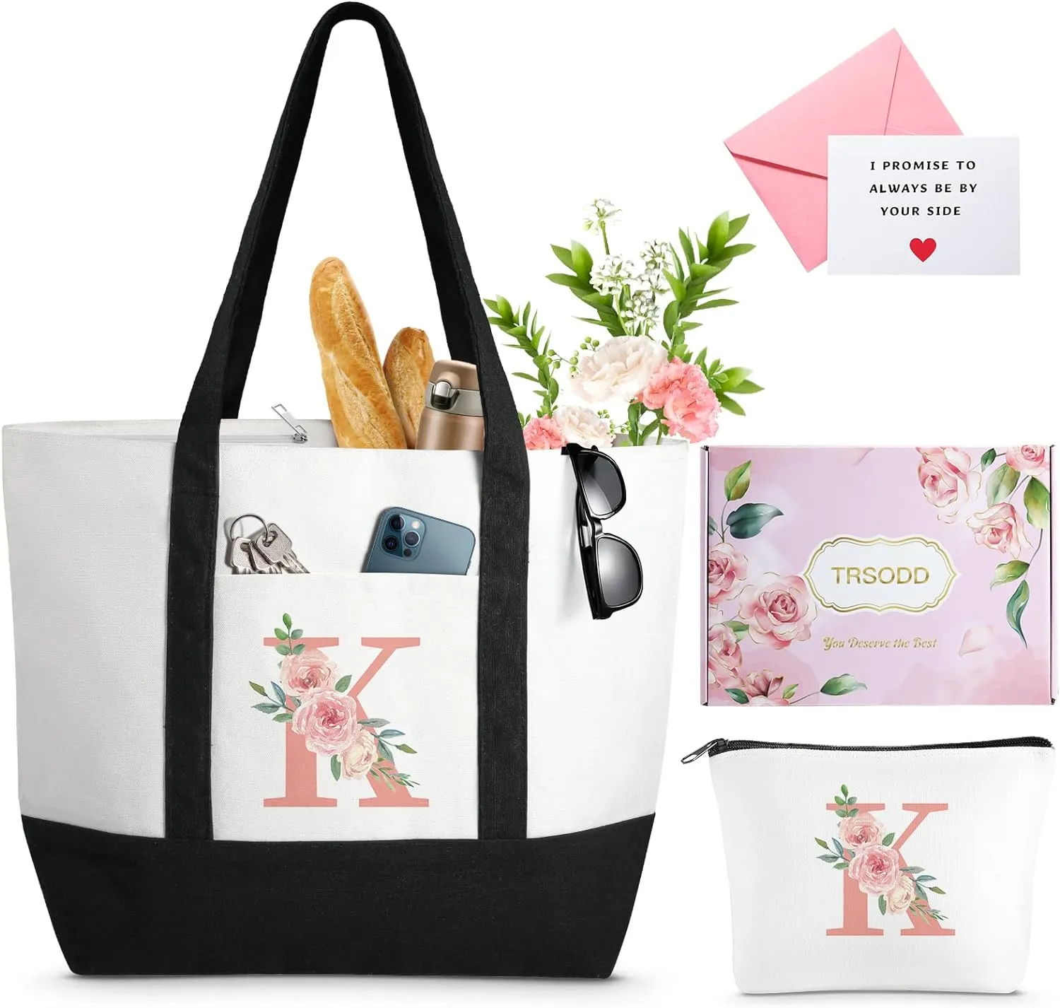 TRSODD Mothers Day Gifts for Mom Monogram Large Tote Bag and Makeup Bag Birthday Gifts for Women Wife Grandma Daughter Sister Friends K