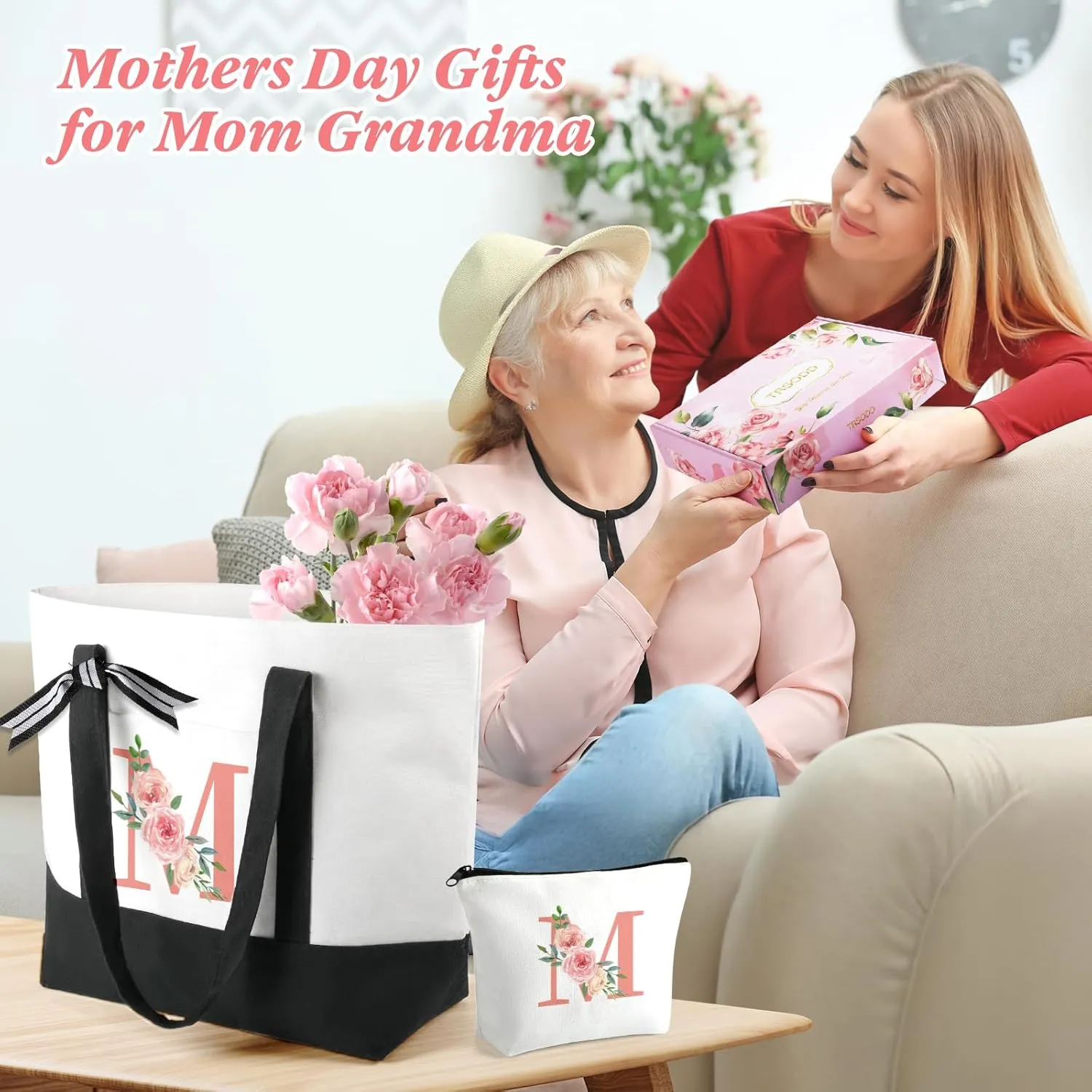 TRSODD Mothers Day Gifts for Mom Monogram Large Tote Bag and Makeup Bag Birthday Gifts for Women Wife Grandma Daughter Sister Friends K