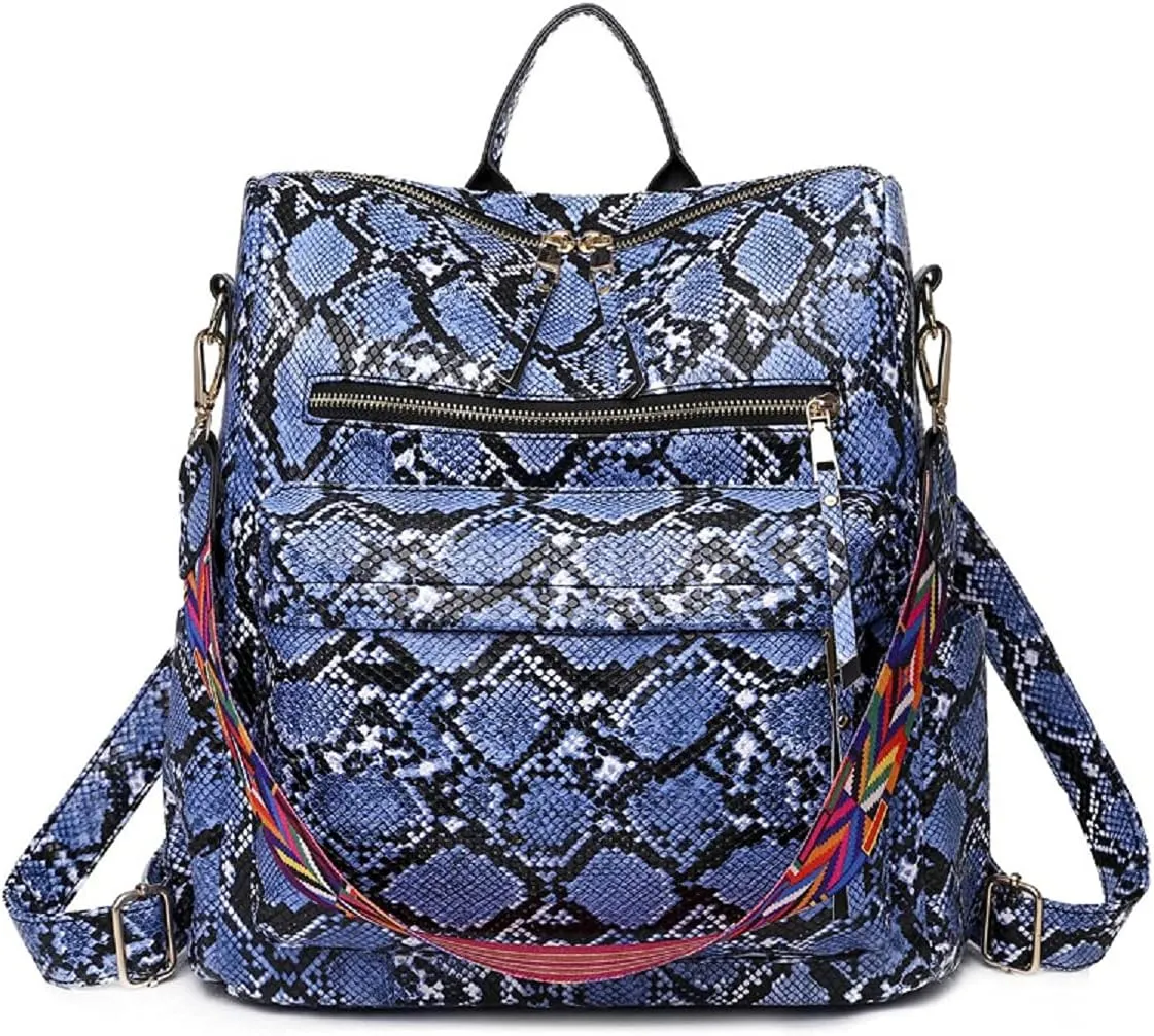 Women Fashion Backpack Purse PU Leather Casual Snake Pattern Shoulder Bag Fashion Ladies Satchel Bags(Blue