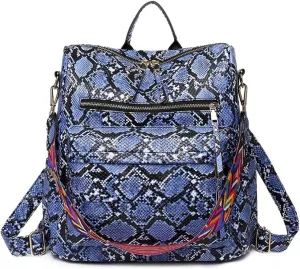 Women Fashion Backpack Purse PU Leather Casual Snake Pattern Shoulder Bag Fashion Ladies Satchel Bags(Blue