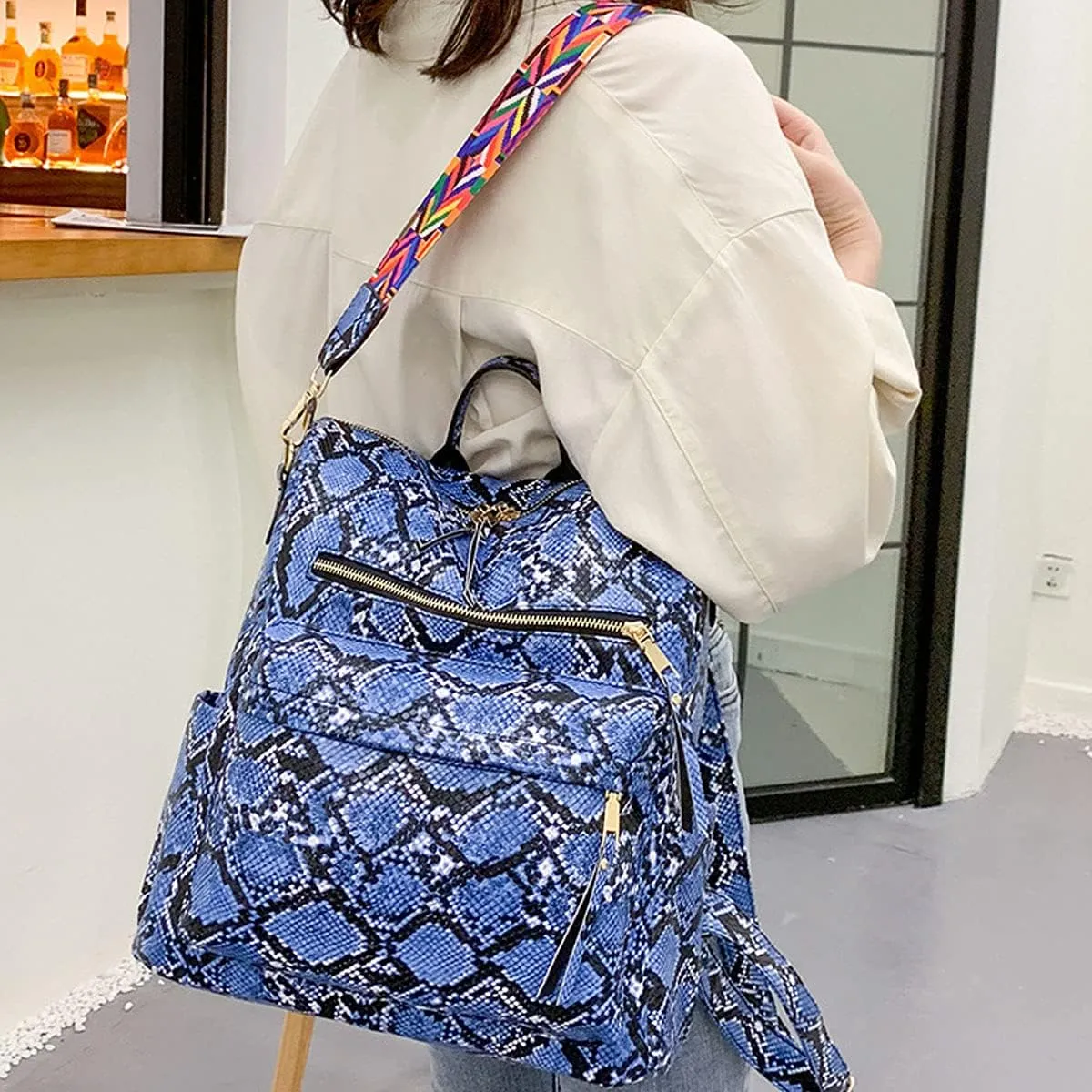 Women Fashion Backpack Purse PU Leather Casual Snake Pattern Shoulder Bag Fashion Ladies Satchel Bags(Blue