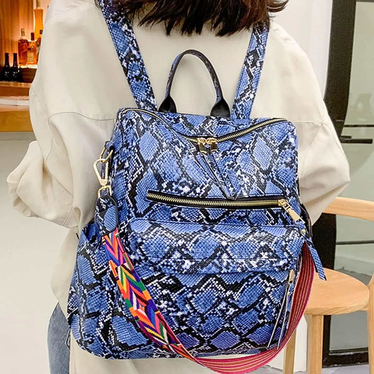 Women Fashion Backpack Purse PU Leather Casual Snake Pattern Shoulder Bag Fashion Ladies Satchel Bags(Blue