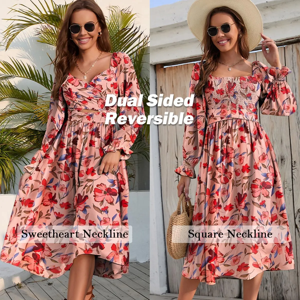 Women Tie Back Long Puff Sleeve Dress Sage Ruffle Wrap Reversible Flowy Casual Midi Dress with Pocket for Party Wedding Beach