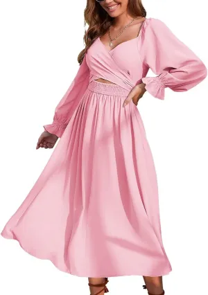 Women Tie Back Long Puff Sleeve Dress Sage Ruffle Wrap Reversible Flowy Casual Midi Dress with Pocket for Party Wedding Beach