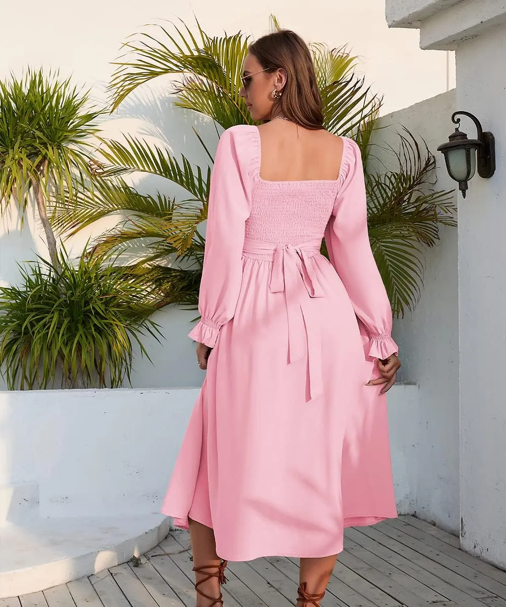 Women Tie Back Long Puff Sleeve Dress Sage Ruffle Wrap Reversible Flowy Casual Midi Dress with Pocket for Party Wedding Beach