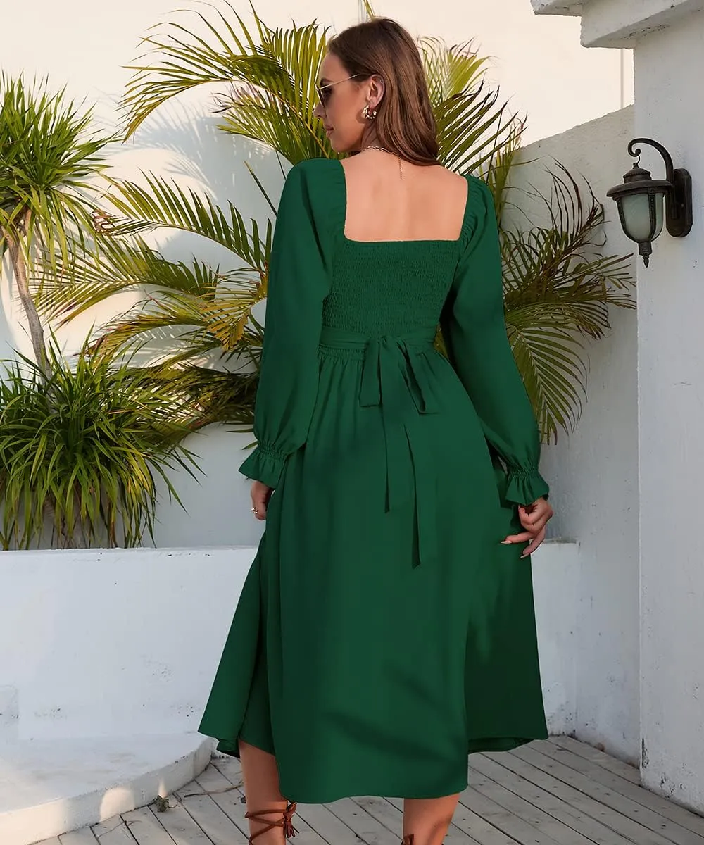 Women Tie Back Long Puff Sleeve Dress Sage Ruffle Wrap Reversible Flowy Casual Midi Dress with Pocket for Party Wedding Beach