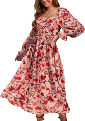 Women Tie Back Long Puff Sleeve Dress Sage Ruffle Wrap Reversible Flowy Casual Midi Dress with Pocket for Party Wedding Beach