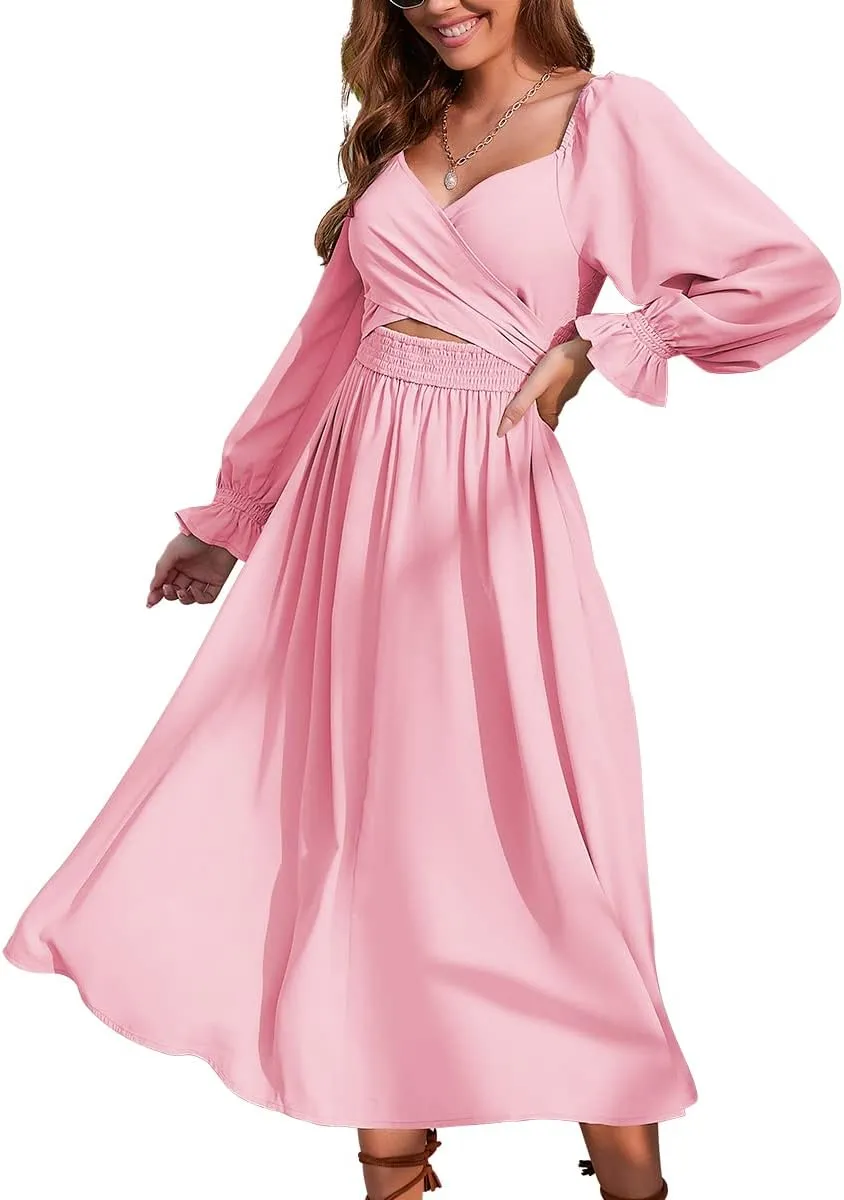 Women Tie Back Long Puff Sleeve Dress Sage Ruffle Wrap Reversible Flowy Casual Midi Dress with Pocket for Party Wedding Beach