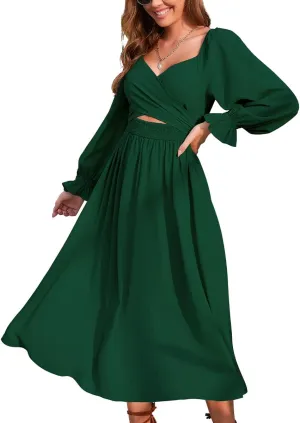 Women Tie Back Long Puff Sleeve Dress Sage Ruffle Wrap Reversible Flowy Casual Midi Dress with Pocket for Party Wedding Beach