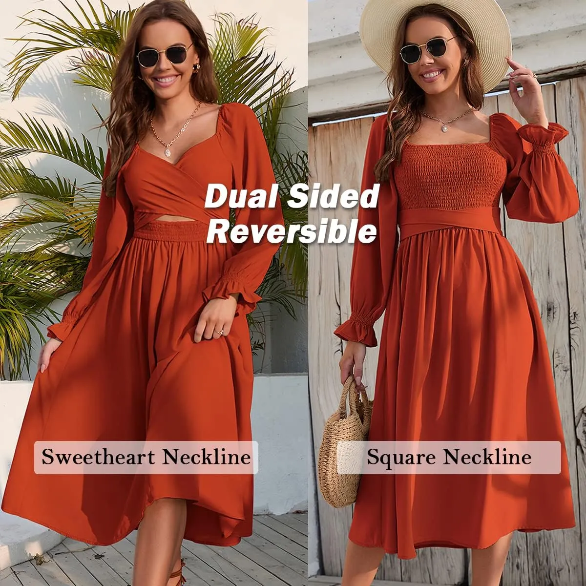 Women Tie Back Long Puff Sleeve Dress Sage Ruffle Wrap Reversible Flowy Casual Midi Dress with Pocket for Party Wedding Beach