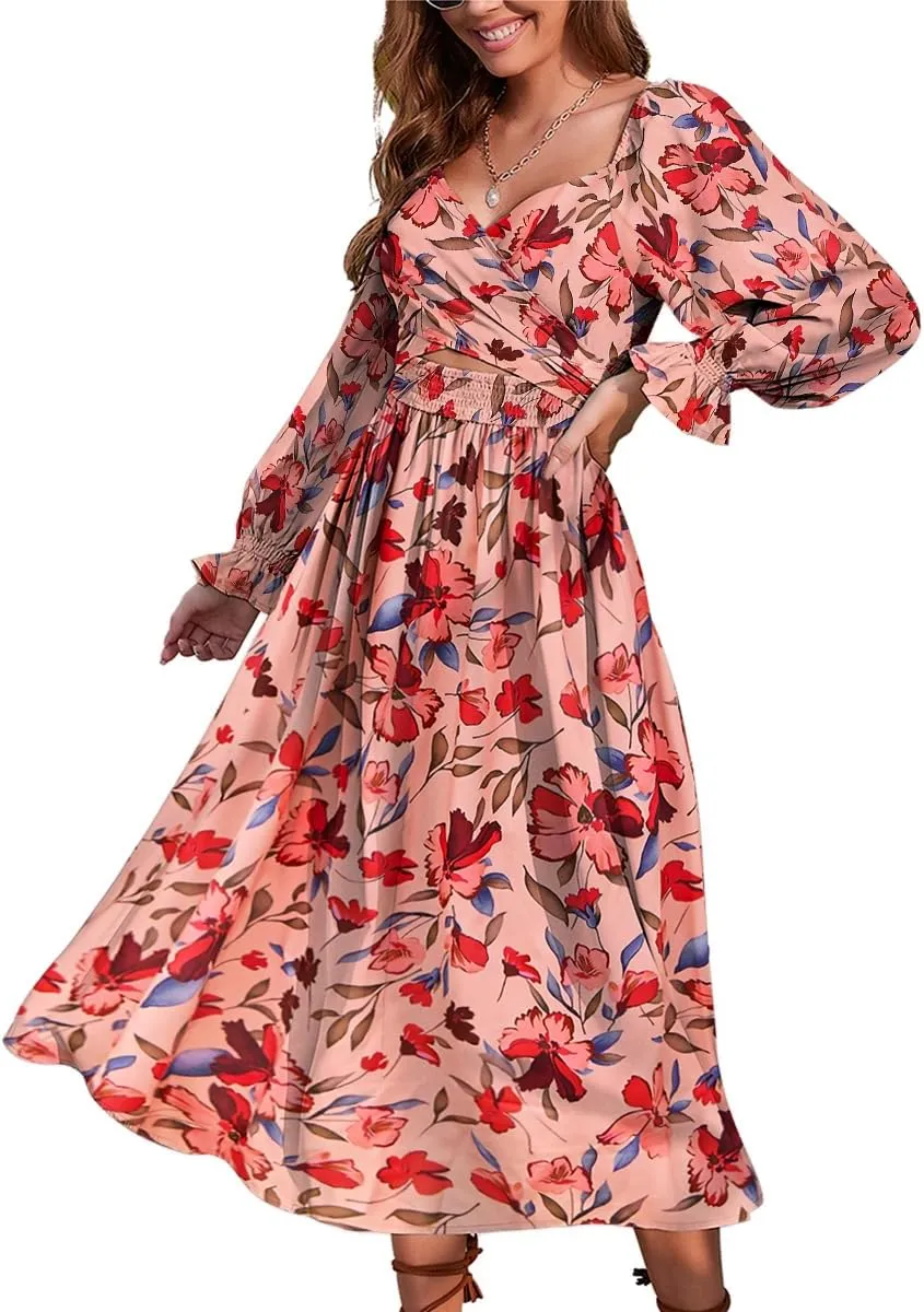 Women Tie Back Long Puff Sleeve Dress Sage Ruffle Wrap Reversible Flowy Casual Midi Dress with Pocket for Party Wedding Beach