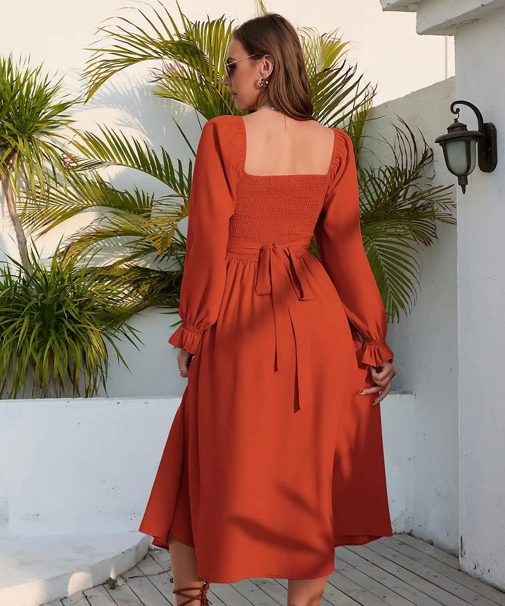 Women Tie Back Long Puff Sleeve Dress Sage Ruffle Wrap Reversible Flowy Casual Midi Dress with Pocket for Party Wedding Beach