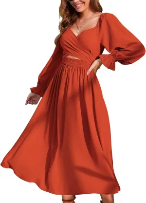 Women Tie Back Long Puff Sleeve Dress Sage Ruffle Wrap Reversible Flowy Casual Midi Dress with Pocket for Party Wedding Beach