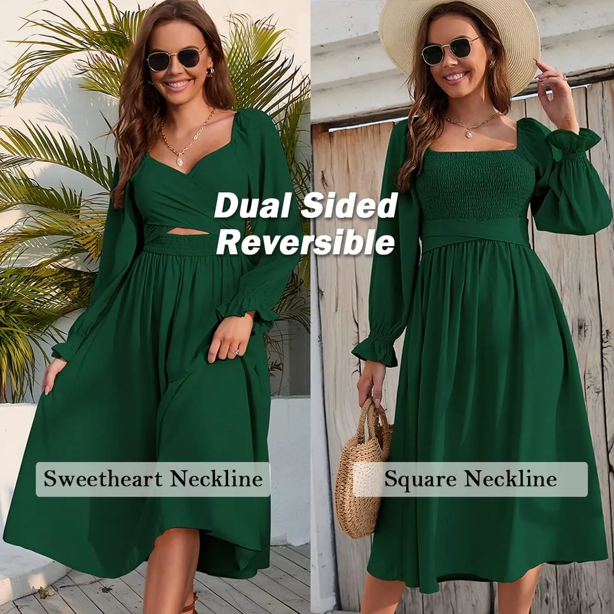 Women Tie Back Long Puff Sleeve Dress Sage Ruffle Wrap Reversible Flowy Casual Midi Dress with Pocket for Party Wedding Beach