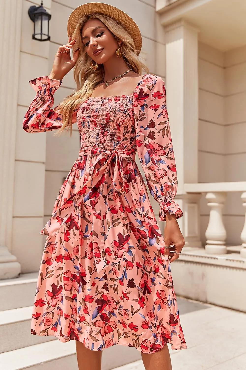 Women Tie Back Long Puff Sleeve Dress Sage Ruffle Wrap Reversible Flowy Casual Midi Dress with Pocket for Party Wedding Beach