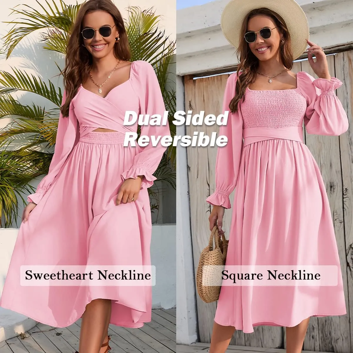 Women Tie Back Long Puff Sleeve Dress Sage Ruffle Wrap Reversible Flowy Casual Midi Dress with Pocket for Party Wedding Beach
