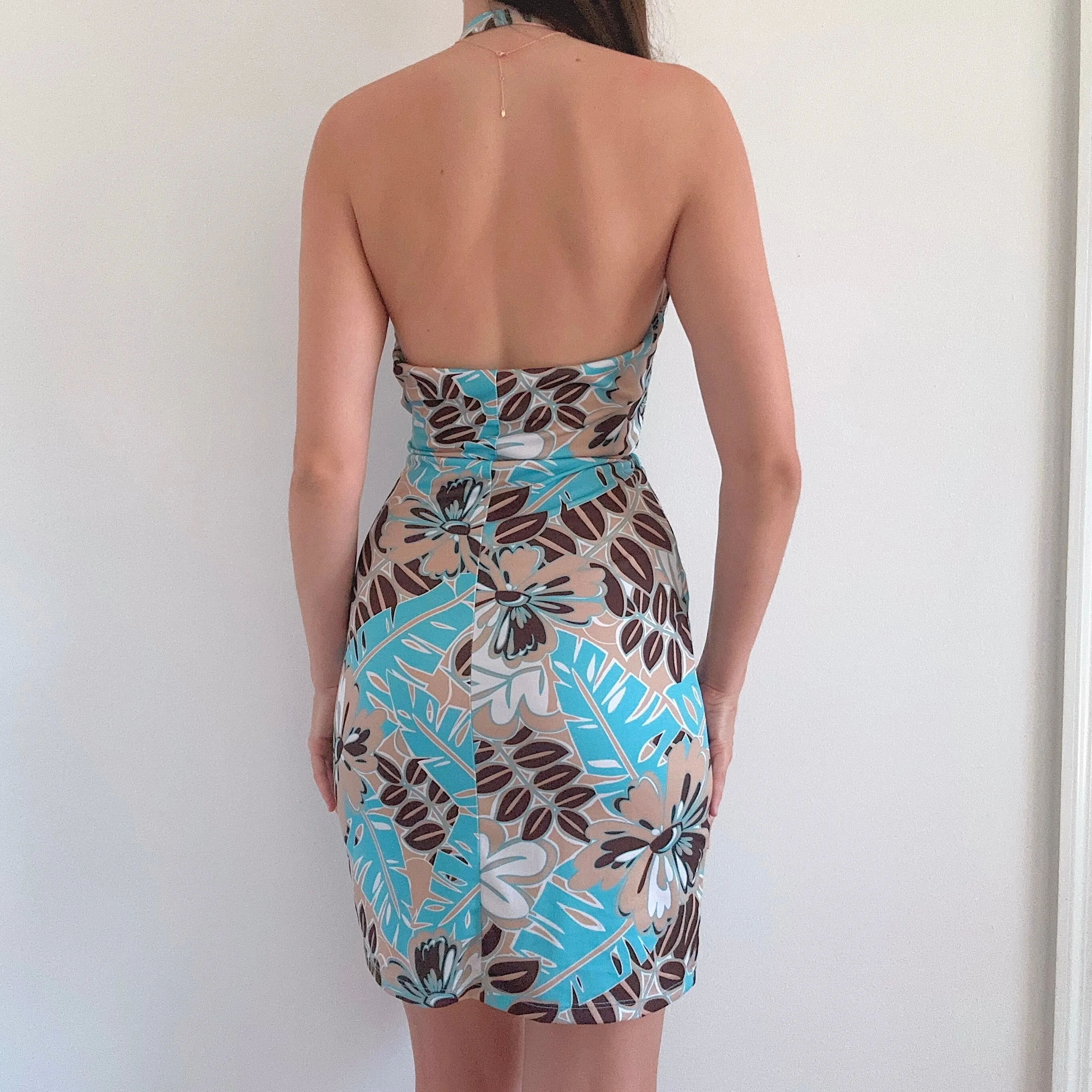 Y2K Teal & Brown Tropical Halter Dress / SZ M